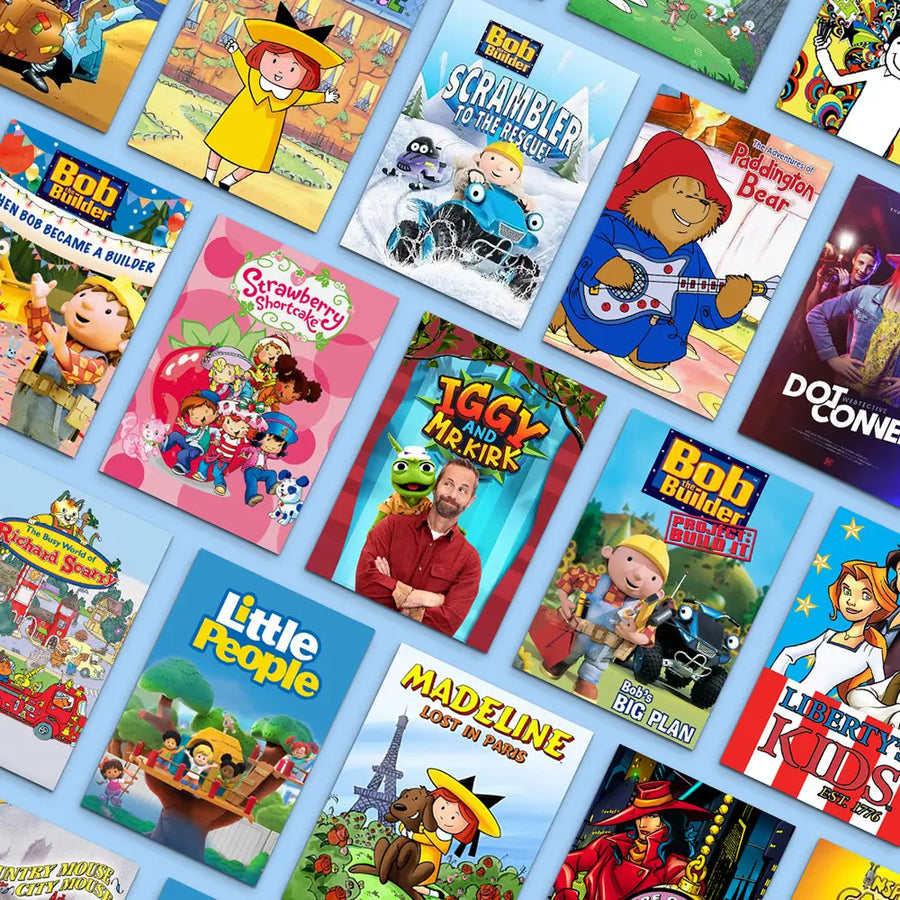 Collection of children's books with various characters and titles on a blue background