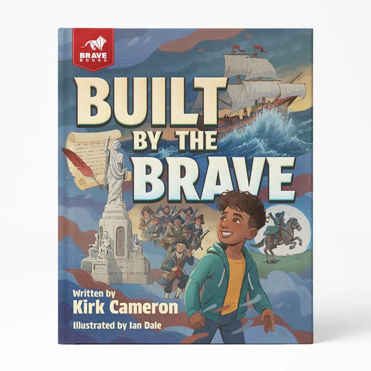 Book cover of 'Built by the Brave' with a boy, ship, and statue of liberty illustration.