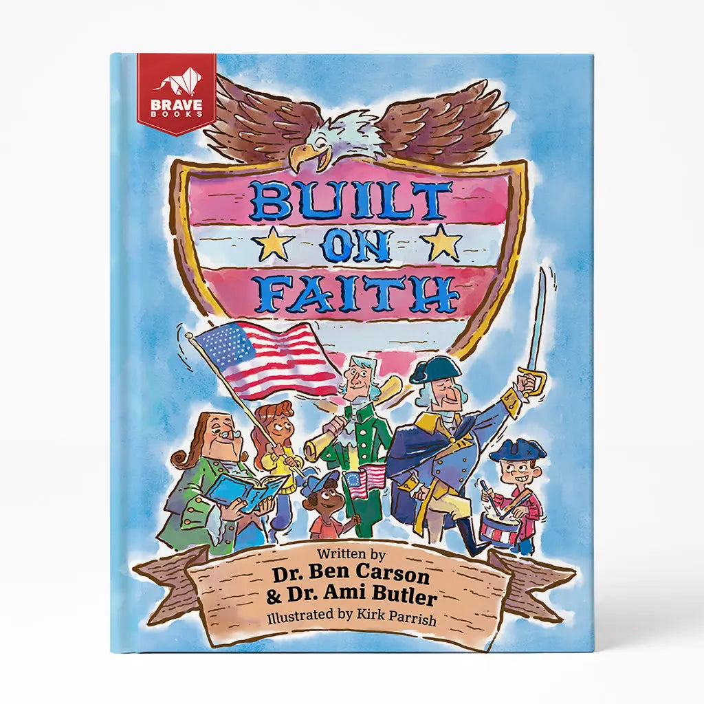 Book cover of 'Built on Faith' with characters and an eagle emblem.
