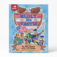 Book cover of 'Built on Faith' with characters and an eagle emblem.
