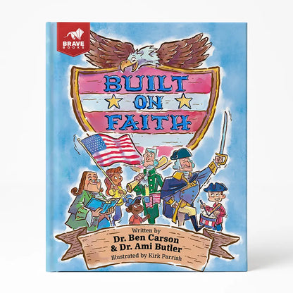 Book cover of 'Built on Faith' with characters and an eagle emblem.
