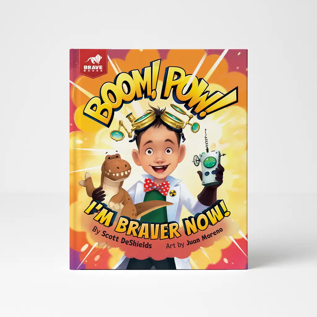 Book cover of 'Boom! Pow! I'm Braver Now!' with a child holding a robot and dinosaur, set against a colorful background.