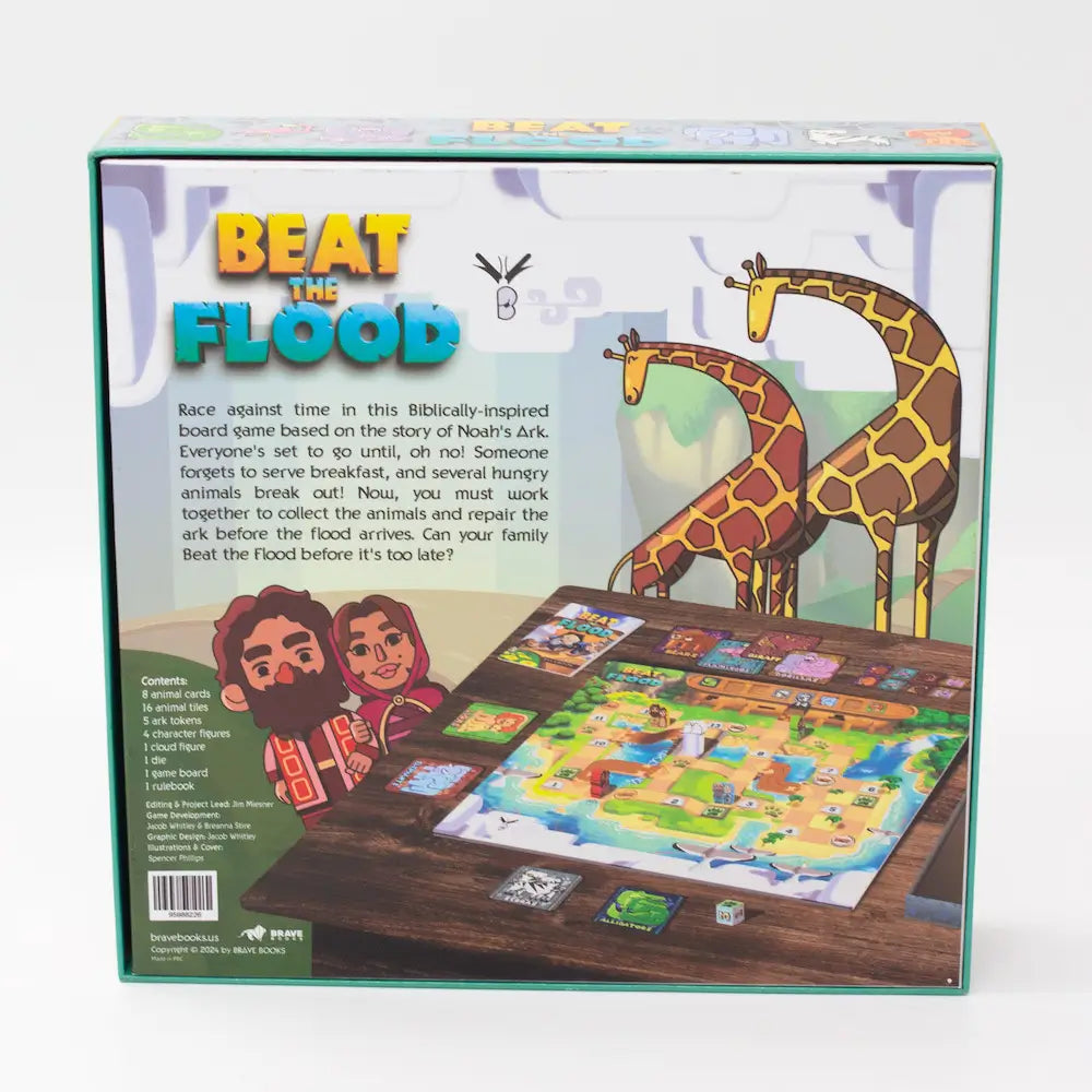 The back of the box of the board game Beat the Flood