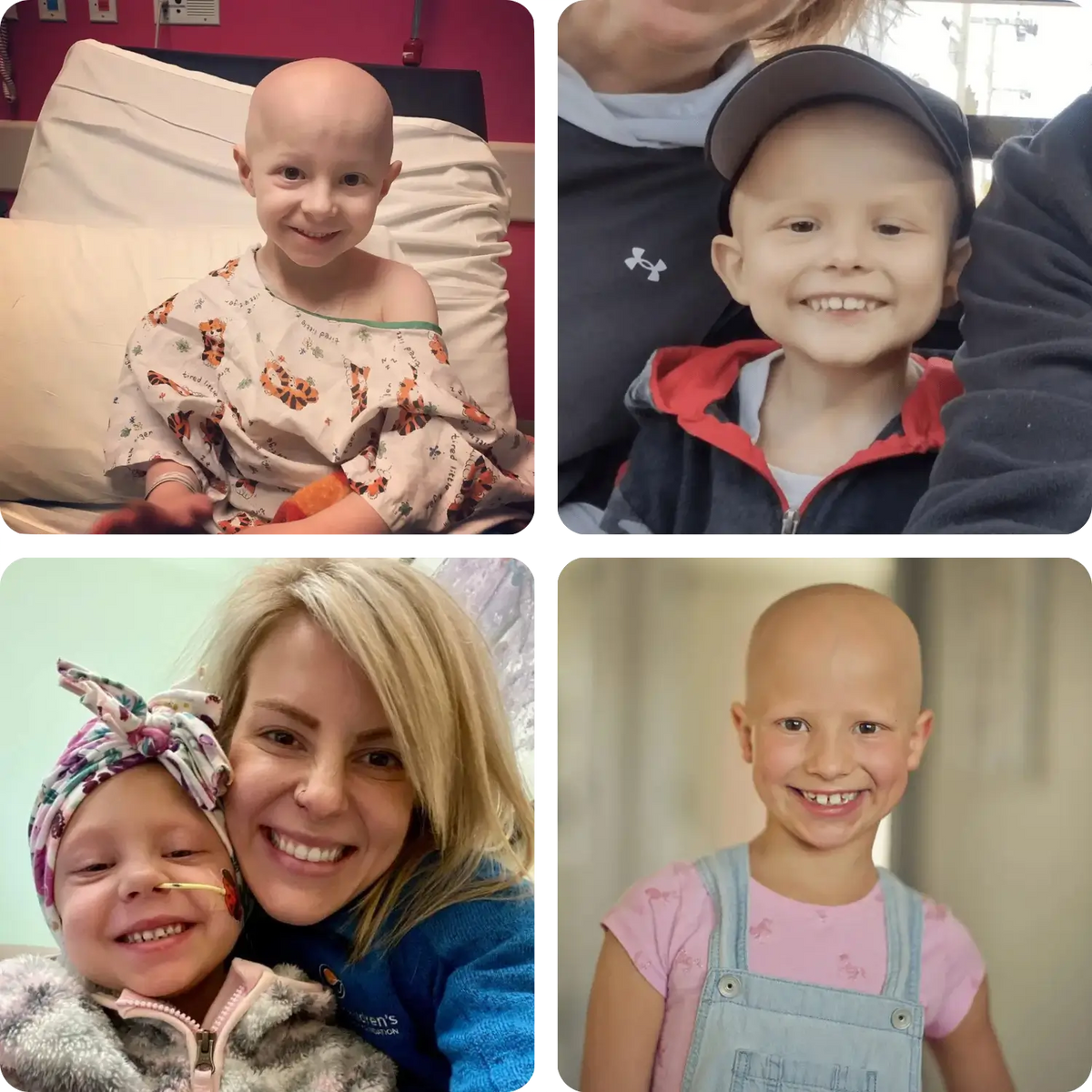 Collage of four photos featuring a child with cancer, including a family selfie and close-up portraits.