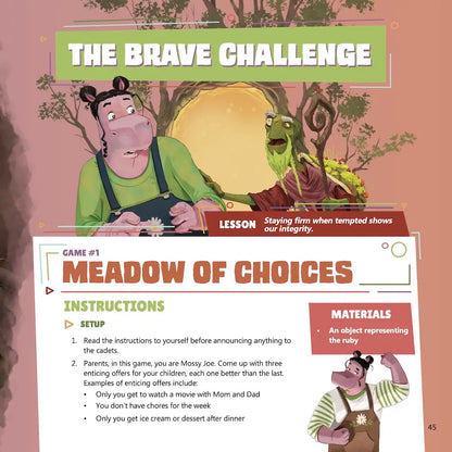 Illustration from a children's book with characters and educational content about integrity.