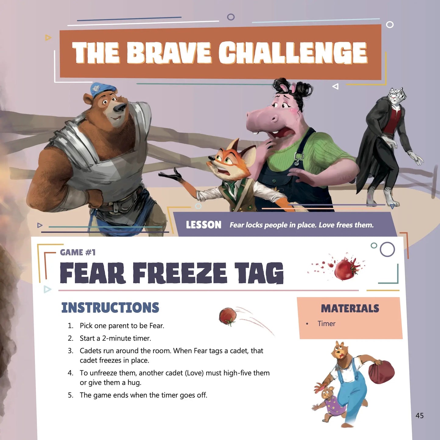 Illustration of animated characters with educational content about fear and love.