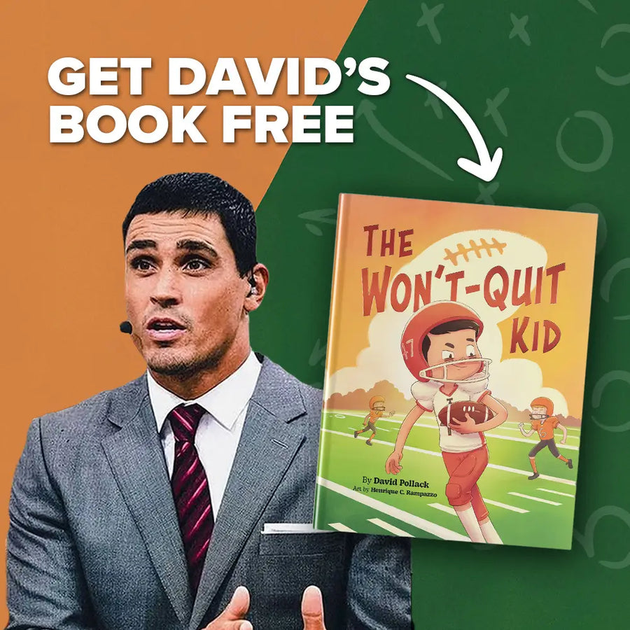 David Pollack next to his children's book, The Won't Quit Kid, with text that says "Get David's Book Free"