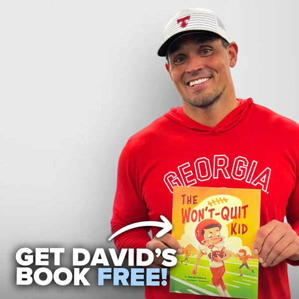 David Pollack in red hoodie holding a book titled 'The Won't-Quit Kid' with promotional text on a gray background