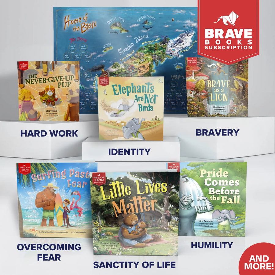 Collection of children's books with Brave Books Subscription branding and thematic labels.