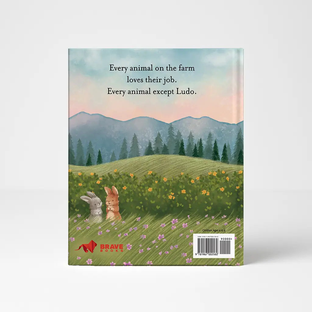Book cover with illustration of two animals in a field and text about Ludo on a white background