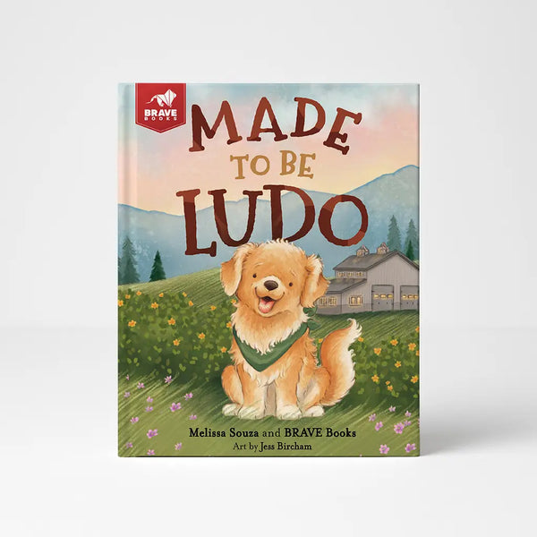 Book cover of 'Made to be Ludo' with a dog illustration on a scenic background
