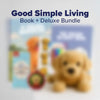 Blurred image of a teddy bear and books with 'Good Simple Living' text.