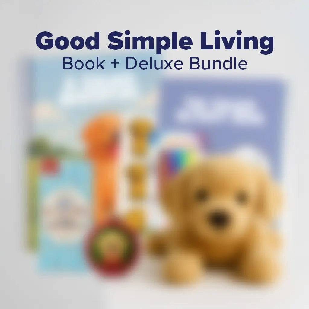 Blurred image of a teddy bear and books with 'Good Simple Living' text.