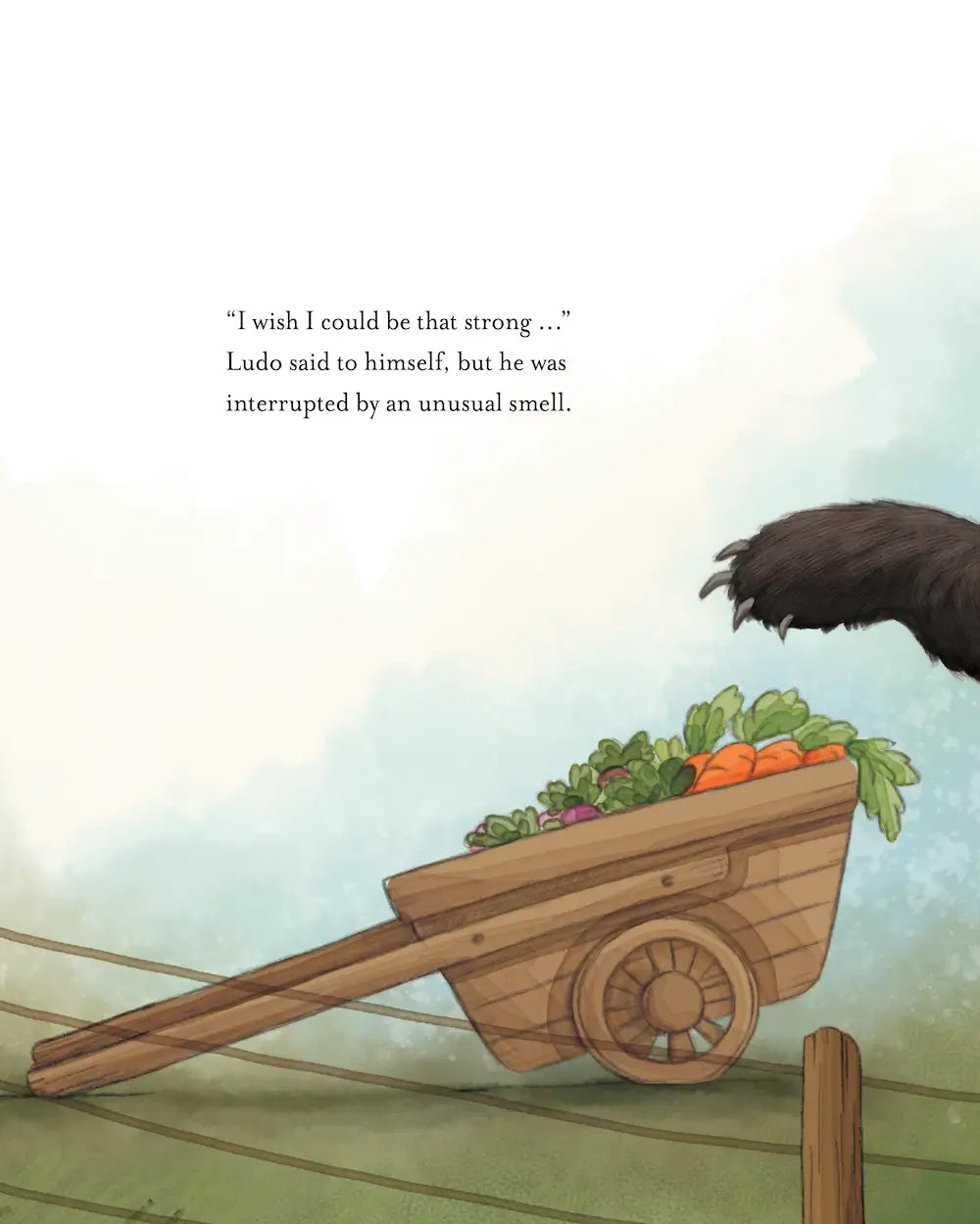 Wooden wheelbarrow with vegetables and a character's head peeking over, on a light background.