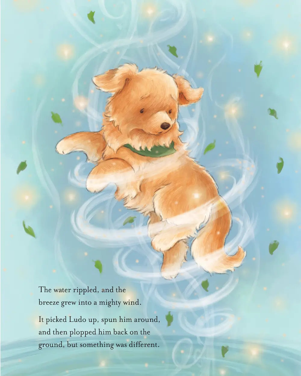 Illustration of a dog in a magical scene with swirling patterns and light effects.