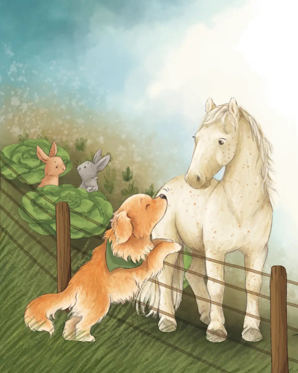 Illustration of a dog and a horse looking at each other with rabbits in the background.