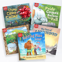 Collection of children's books with colorful covers on a white background