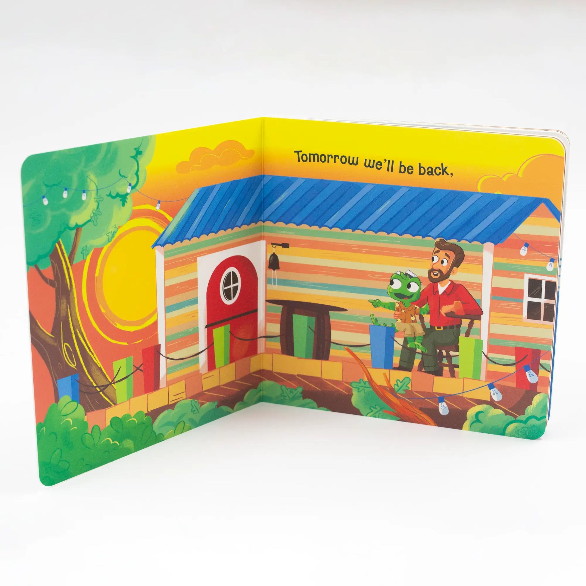 Colorful children's book page with a house and character on a white background
