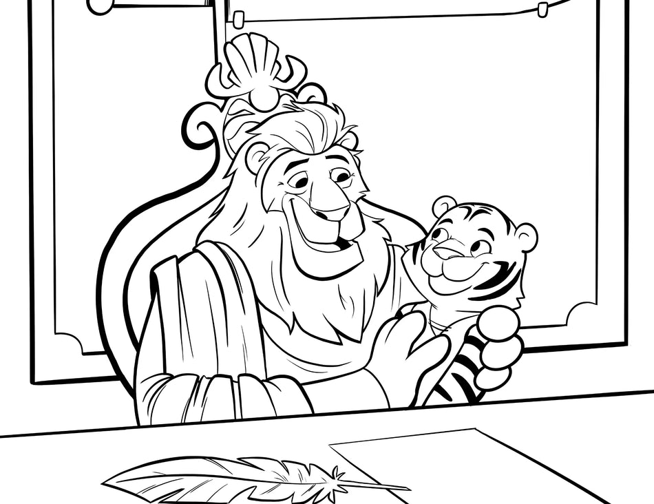 Coloring page of a lion and tiger sitting together with a feather in front of them.