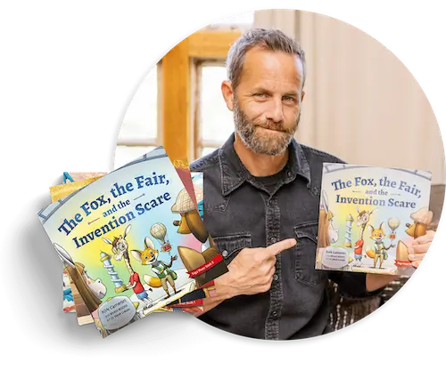 Kirk Cameron pointing at his Children's book, The Fox, the Fair, and the Invention Scare