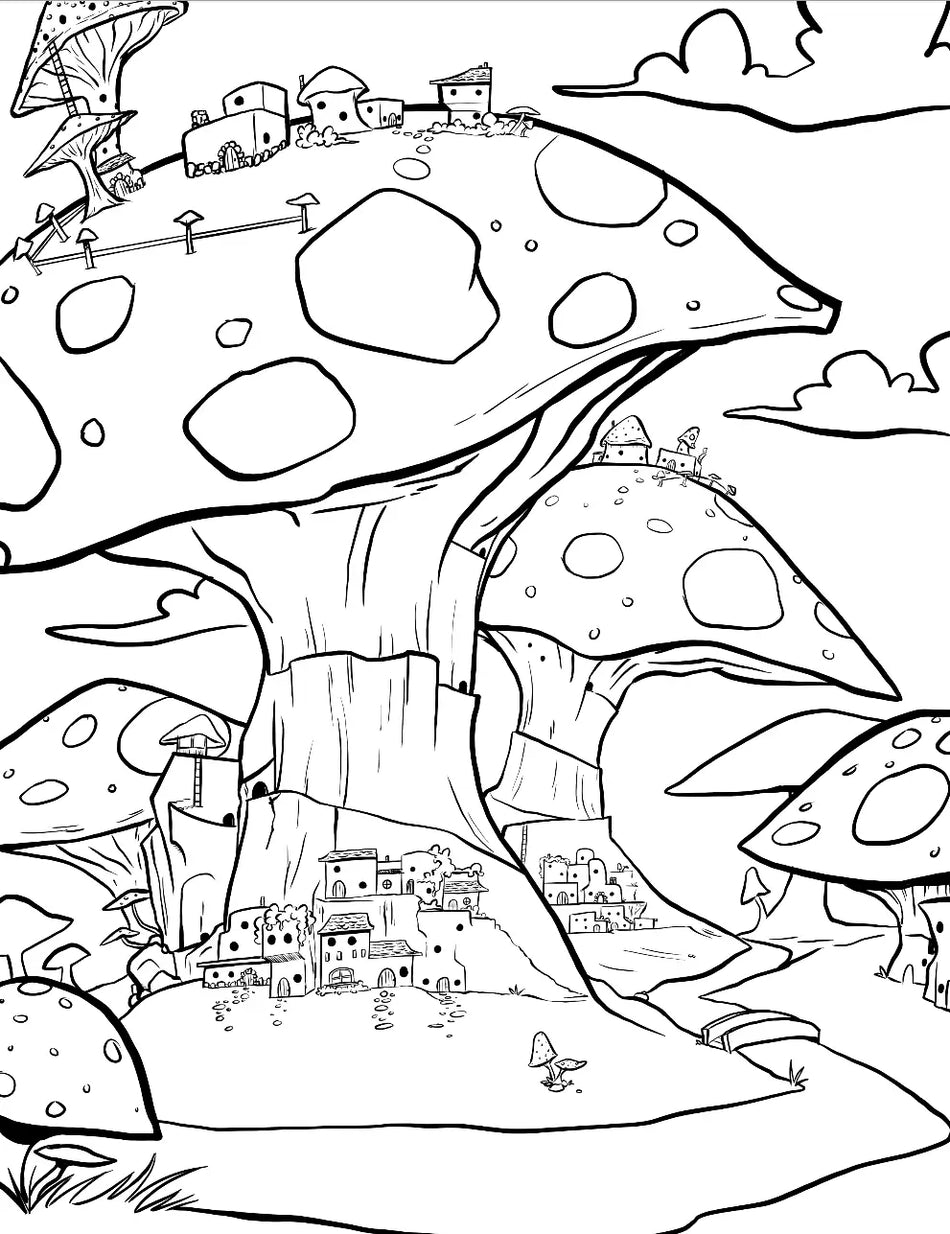 Coloring page with mushroom-shaped houses and landscapes