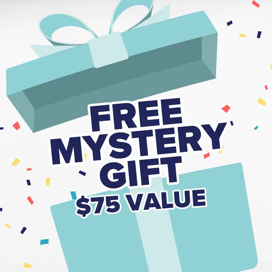 Promotional graphic with a blue gift box and confetti, featuring 'Free Mystery Gift $75 Value' text.