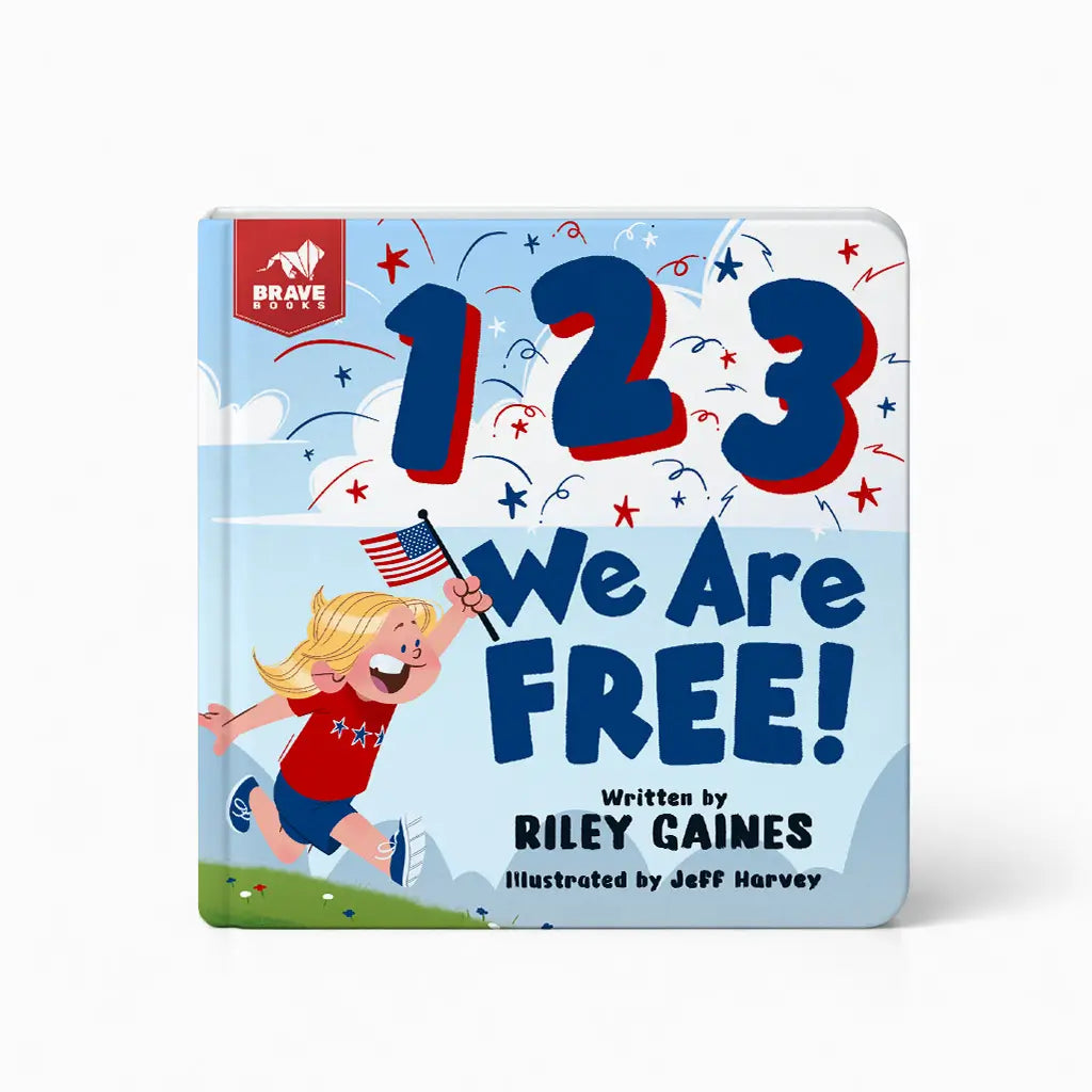 A board book with the title, 1, 2, 3, we are free! written by Riley Gaines
