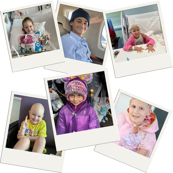 Collage of children in various settings, including a hospital bed and car.