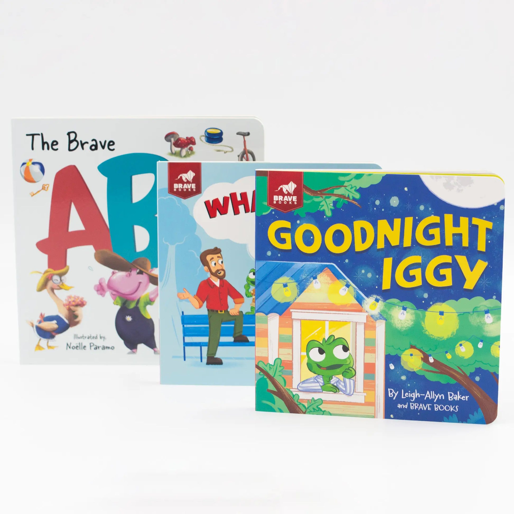 Three children's books titled 'The Brave ABC Book', 'What Color Is This, Iggy?', and 'Goodnight Iggy' on a white background.