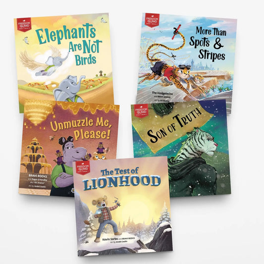 Four children's books with colorful covers featuring animals and text on a white background
