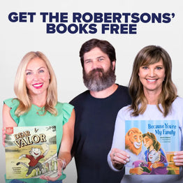 Jep, Jess, and Missy Robertson with their books Dear Valor and Because You're My Family