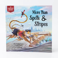 Book cover of 'More Than Spots & Stripes' with a leopard character and cityscape background.