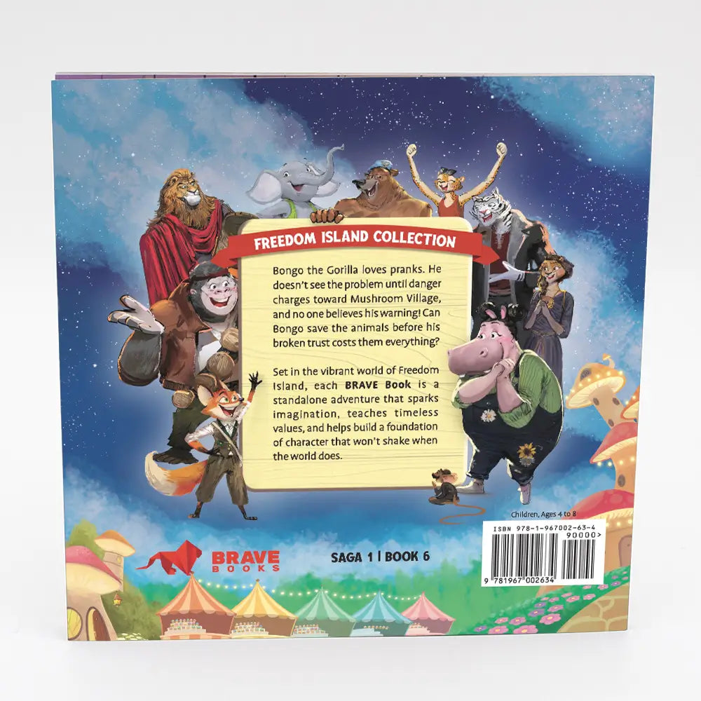 Back cover of a book titled 'The Gorilla Who Cried Alien' featuring animated characters and text.