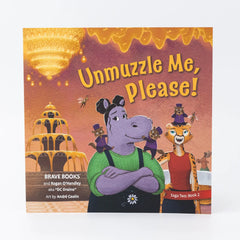 Book cover of 'Unmuzzle Me, Please!' with cartoon characters on a purple background