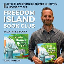 Kirk Cameron holding his Christian Children's book, Pride Comes Before the Fall