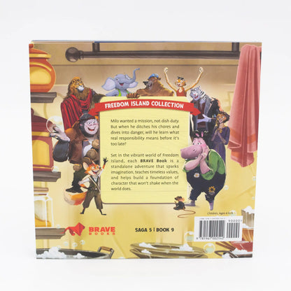Back cover of a children's book titled "Milo's Mission" with character illustrations and text.