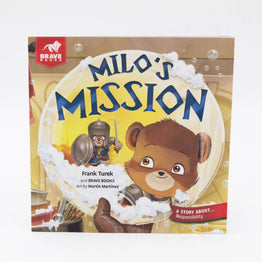 Book cover of 'Milo's Mission' featuring a bear and warrior character with the Brave Books logo.