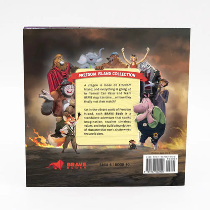 Back cover of the Brave Books 'Freedom Island Collection' book, showing illustrated characters from the story, a synopsis, the Brave Books logo, and a barcode on a white background.