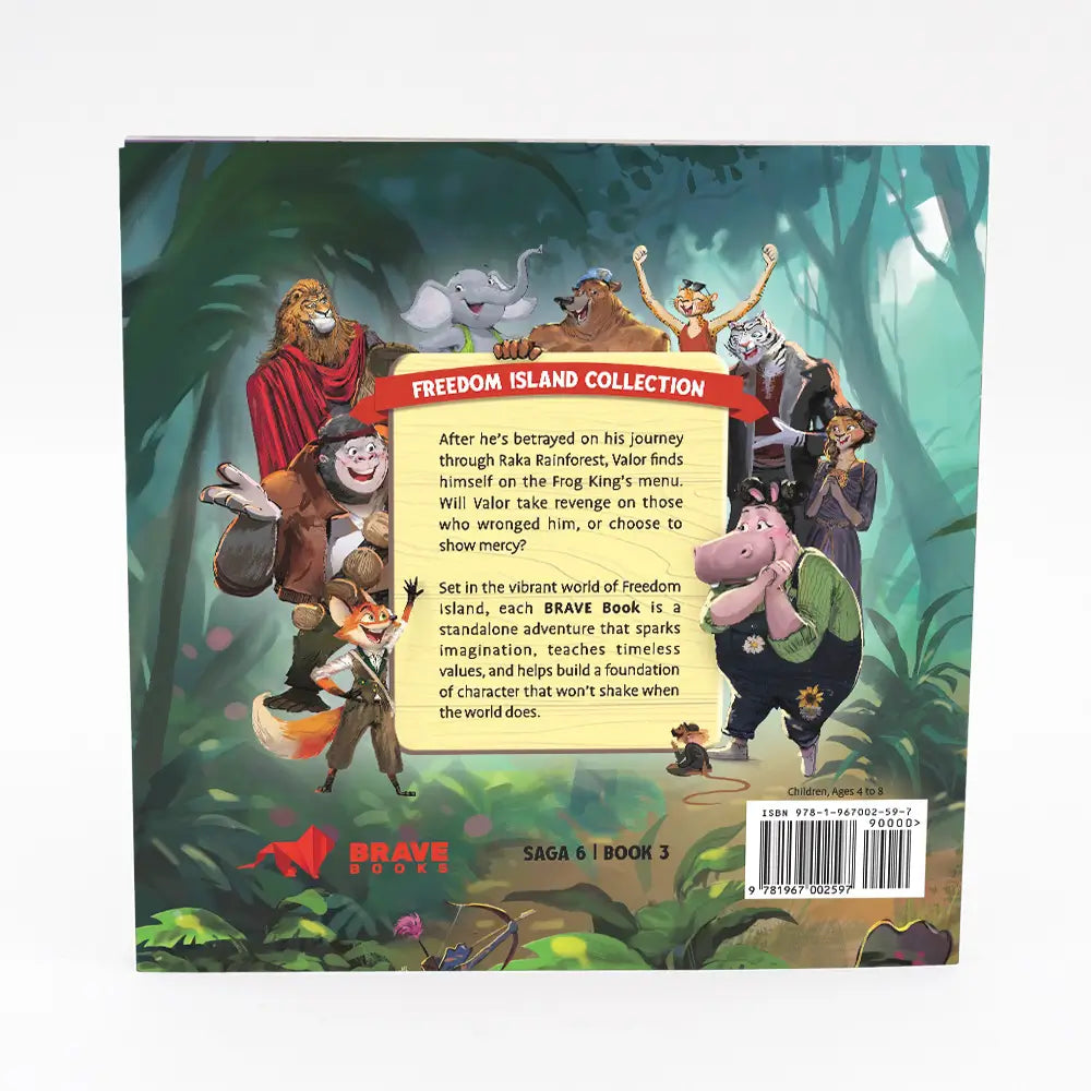 Back cover of a book titled 'Freedom Island Collection' with characters and text.