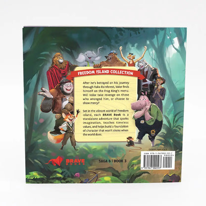Back cover of a book titled 'Freedom Island Collection' with characters and text.