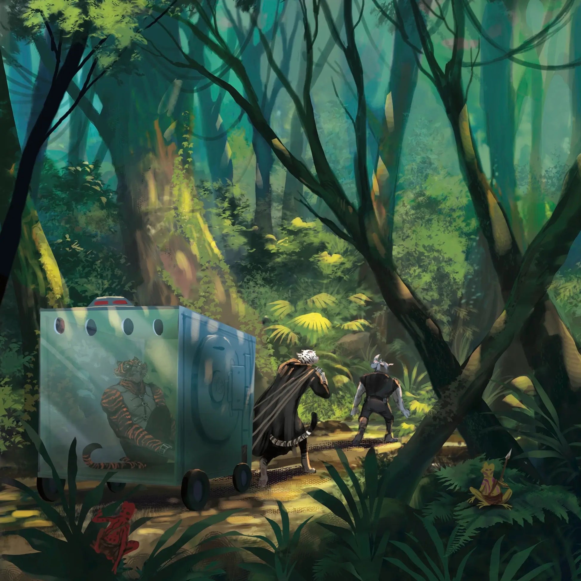 Illustration of a person with a horse pulling a large blue box through a dense forest.