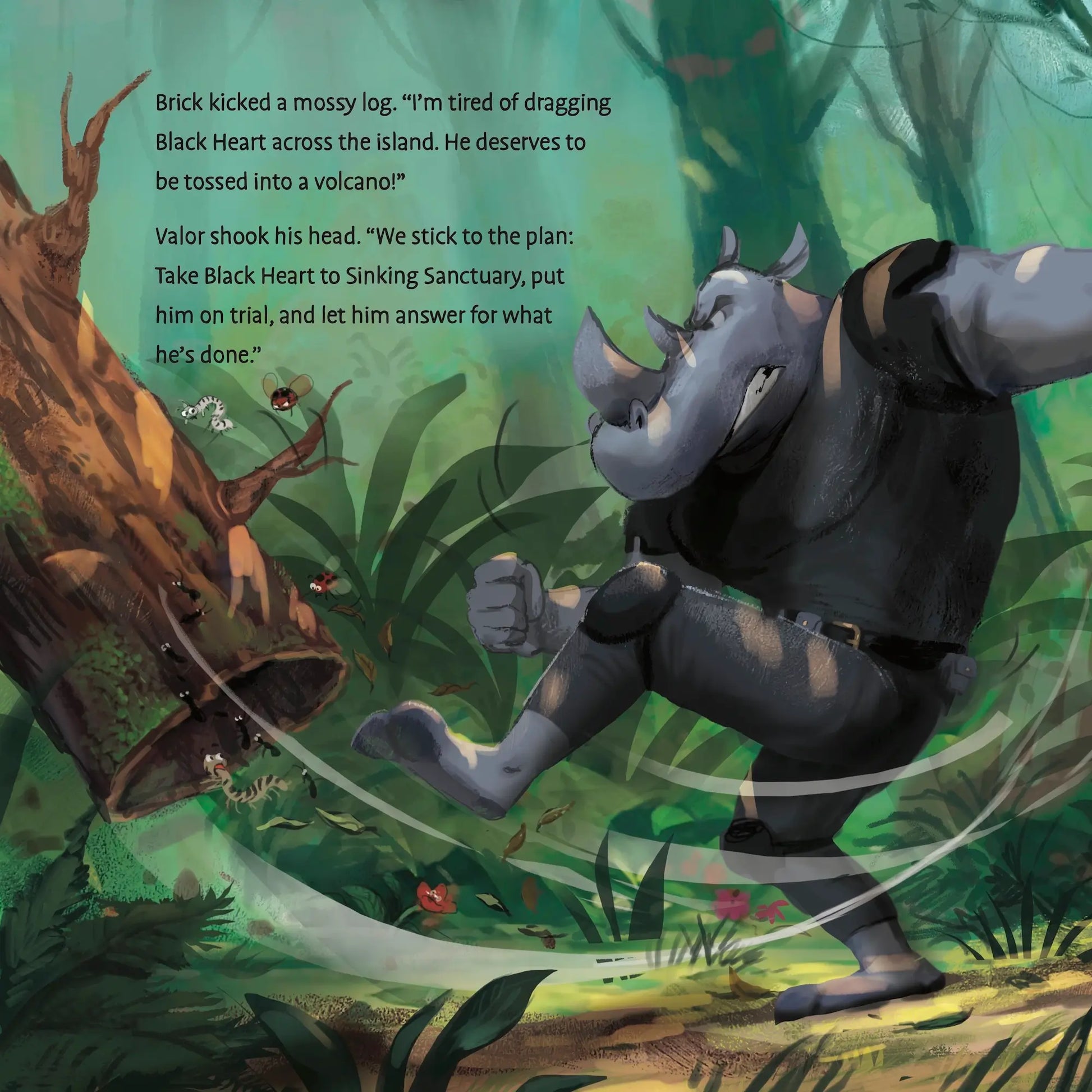Illustration of a rhinoceros character in a jungle setting with text overlay.