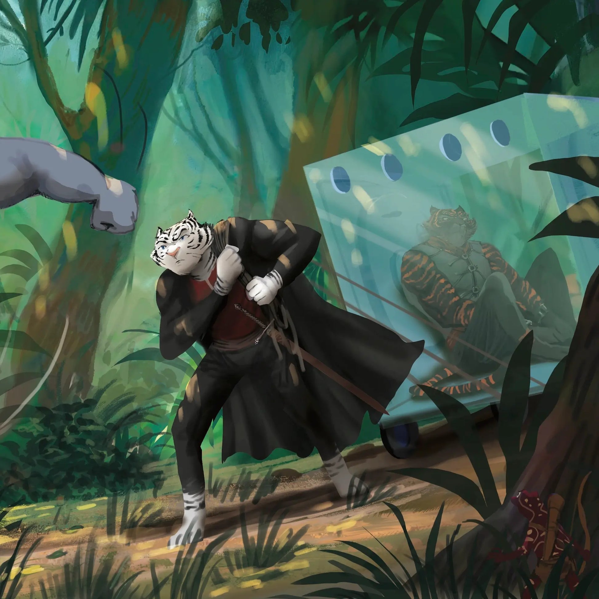 Animated character with a tiger head in a jungle setting.