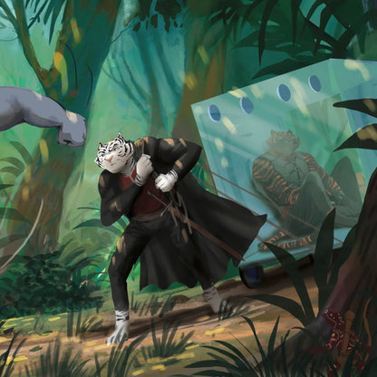 Animated character with a tiger head in a jungle setting.