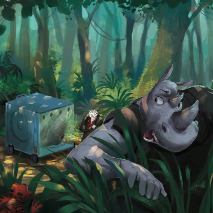 Animated rhinoceros in a forest and tigers in the background