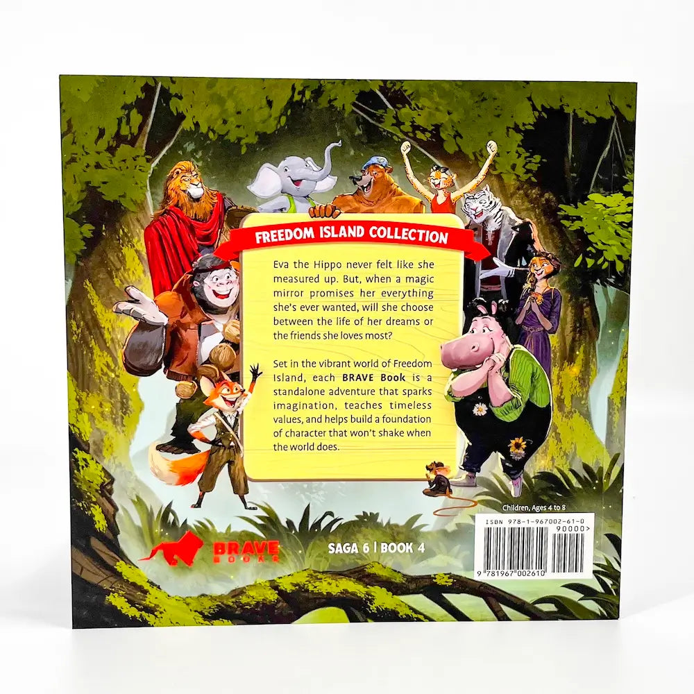 Back cover of a children's book with animated characters and text on Freedom Island Collection.
