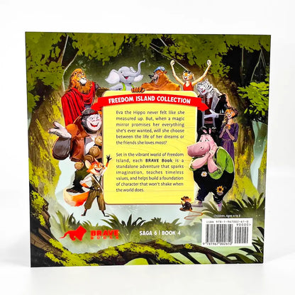 Back cover of a children's book with animated characters and text on Freedom Island Collection.