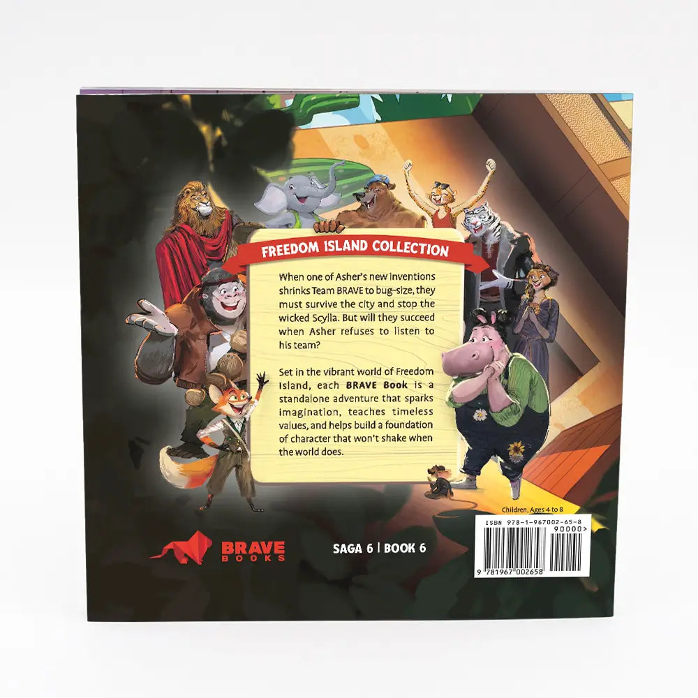 Back cover of a book titled 'Itty Bitty in the city' with character illustrations and text