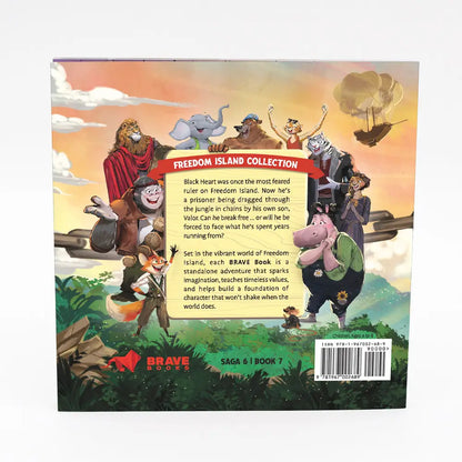 Back cover of a book featuring animated characters and text about the 'Brave' series on Freedom Island.