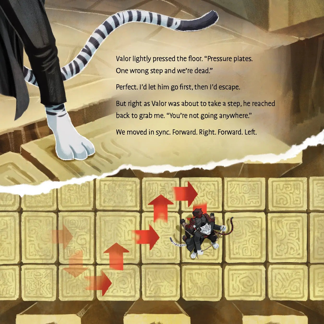 Illustration of a character navigating a puzzle with pressure plates and text overlay.